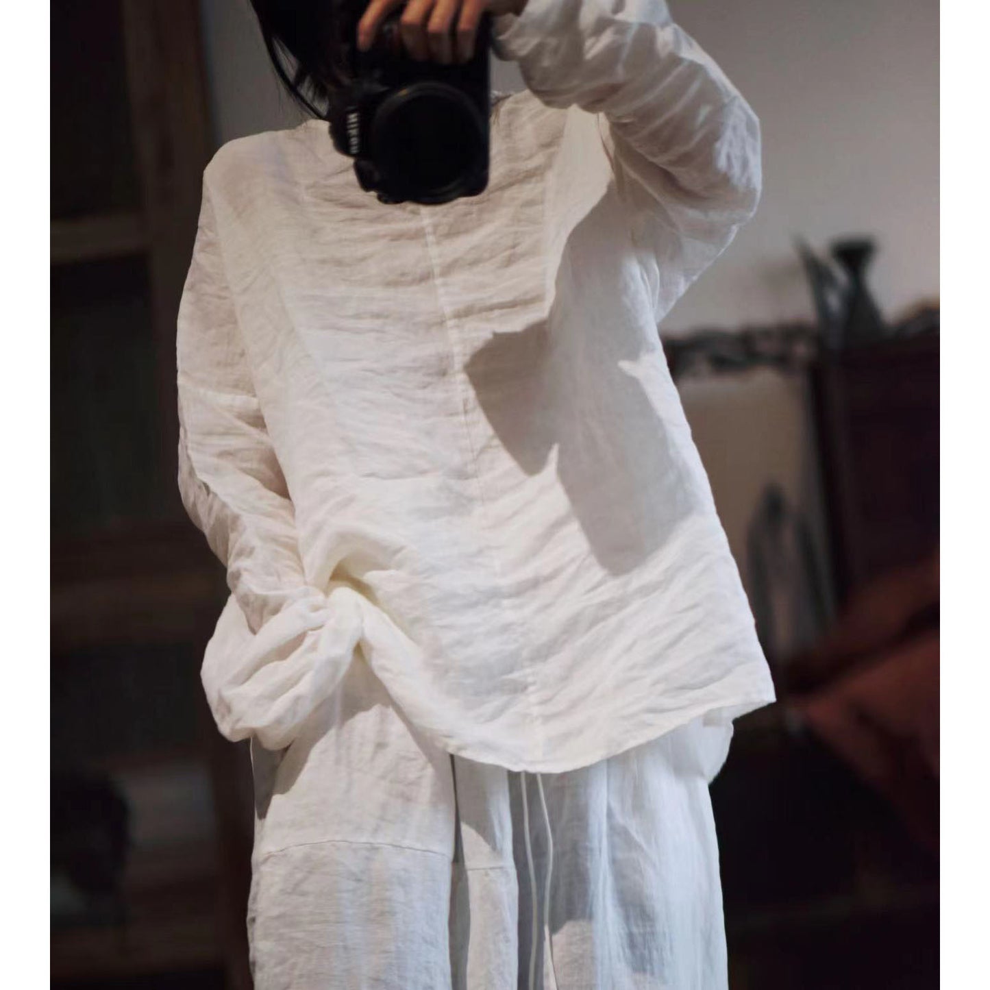2025 22/12 Winter Solstice/Early Spring Simple Literary Thick Ramie Pullover Solid Color Shoulder Shirt