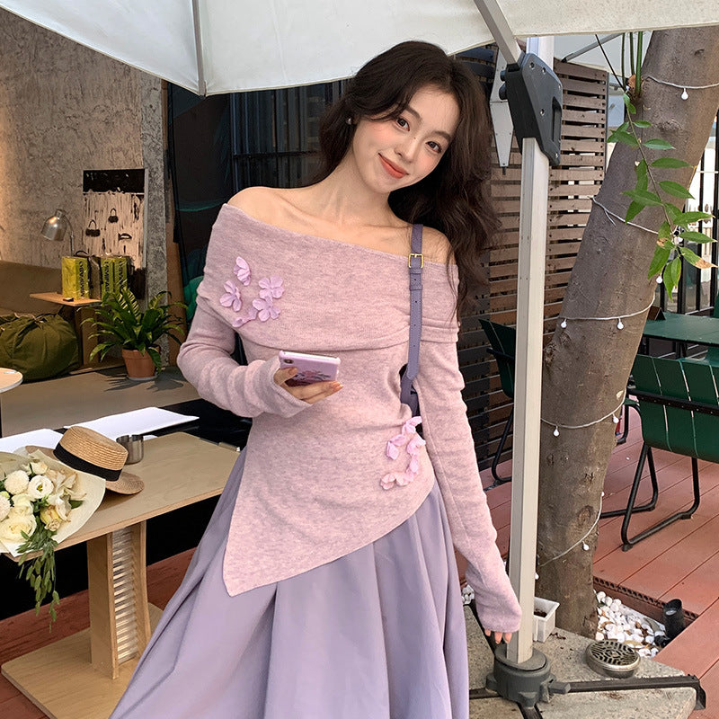 2025 spring new Korean version of flower temperament one-word neck wool knitted sweater women's top 25138