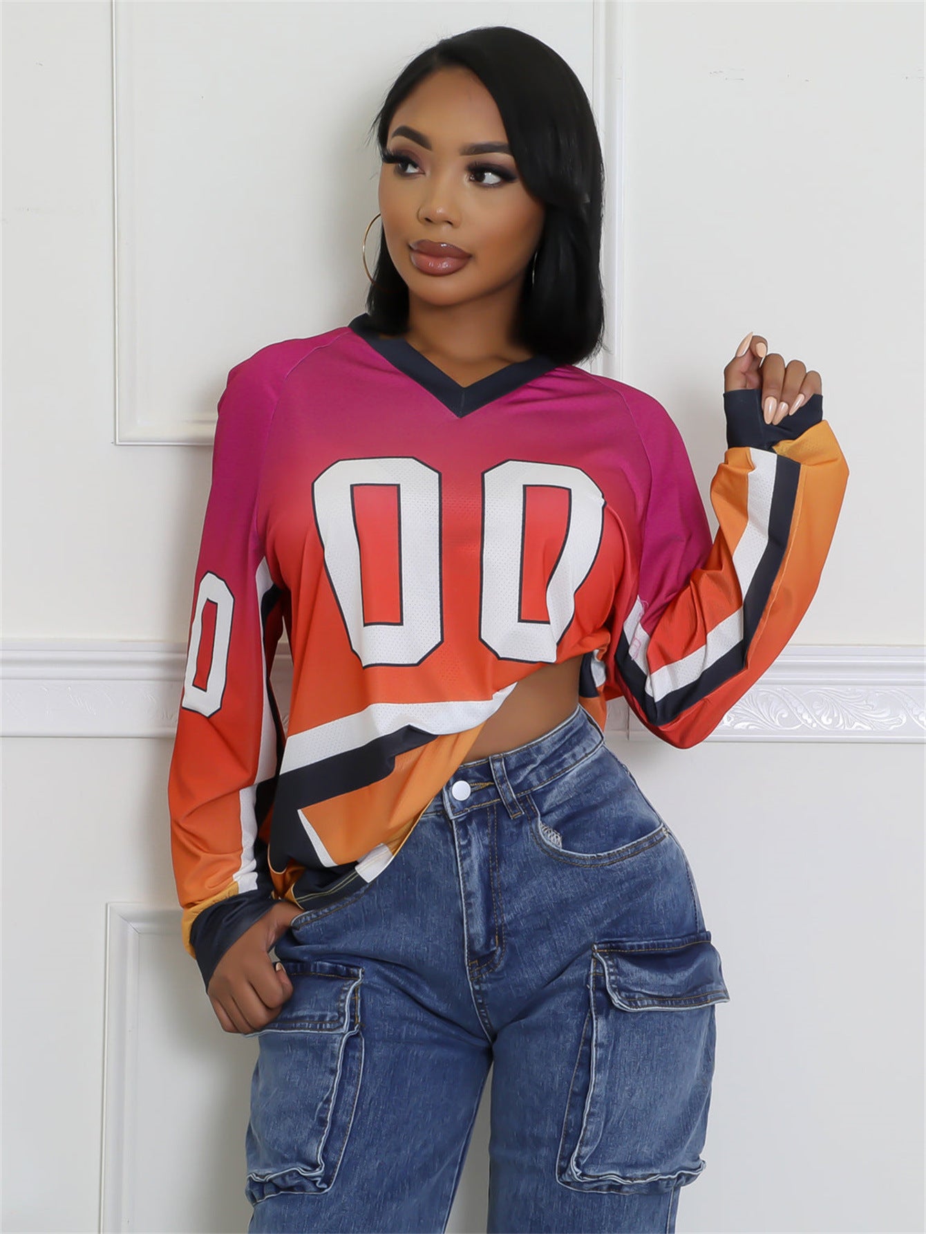 popular Autumn Festival new New color contrast fashion printing loose leisure sports style long-sleeved jersey V-neck top