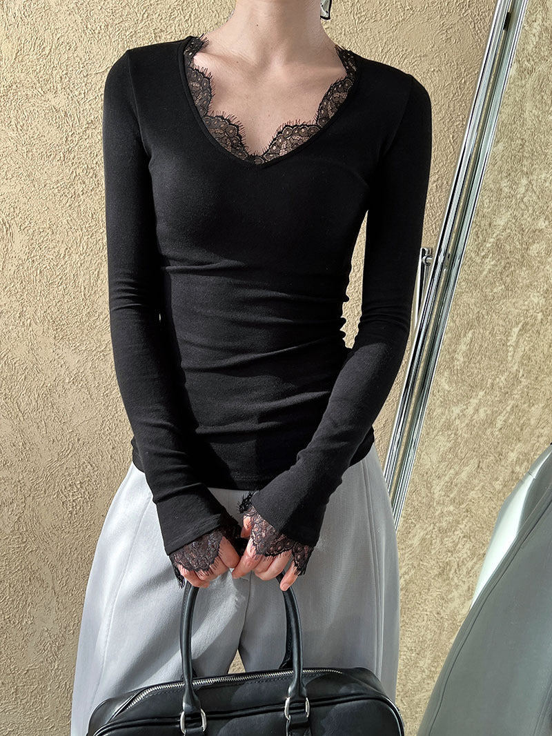 Luxi, sexy pure desire style V-neck lace lace bottoming shirt women's spring new design sense T-shirt 2862