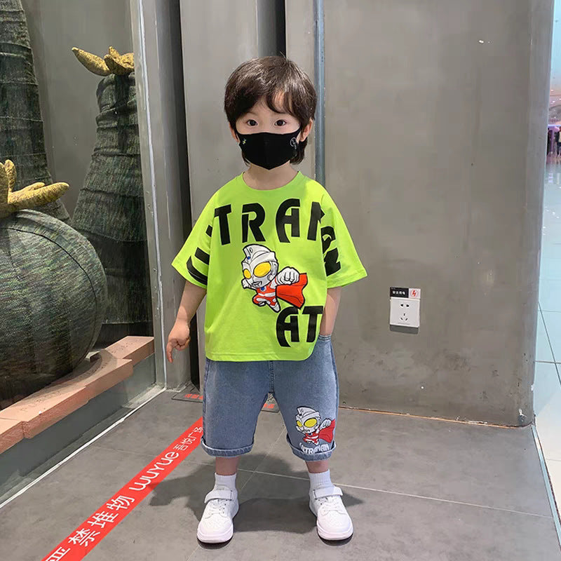 xiangtuibao Boys' Summer Handsome Set Boys' Short-Sleeved Shorts Clothes New Children's Summer Clothing Boys' Summer Trend