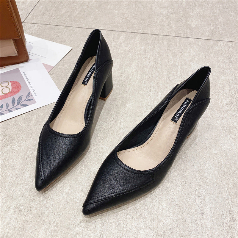 2025 555-1 pointed thick heel shallow mouth women's single shoes commuting simple professional work shoes daily comfort high heels women
