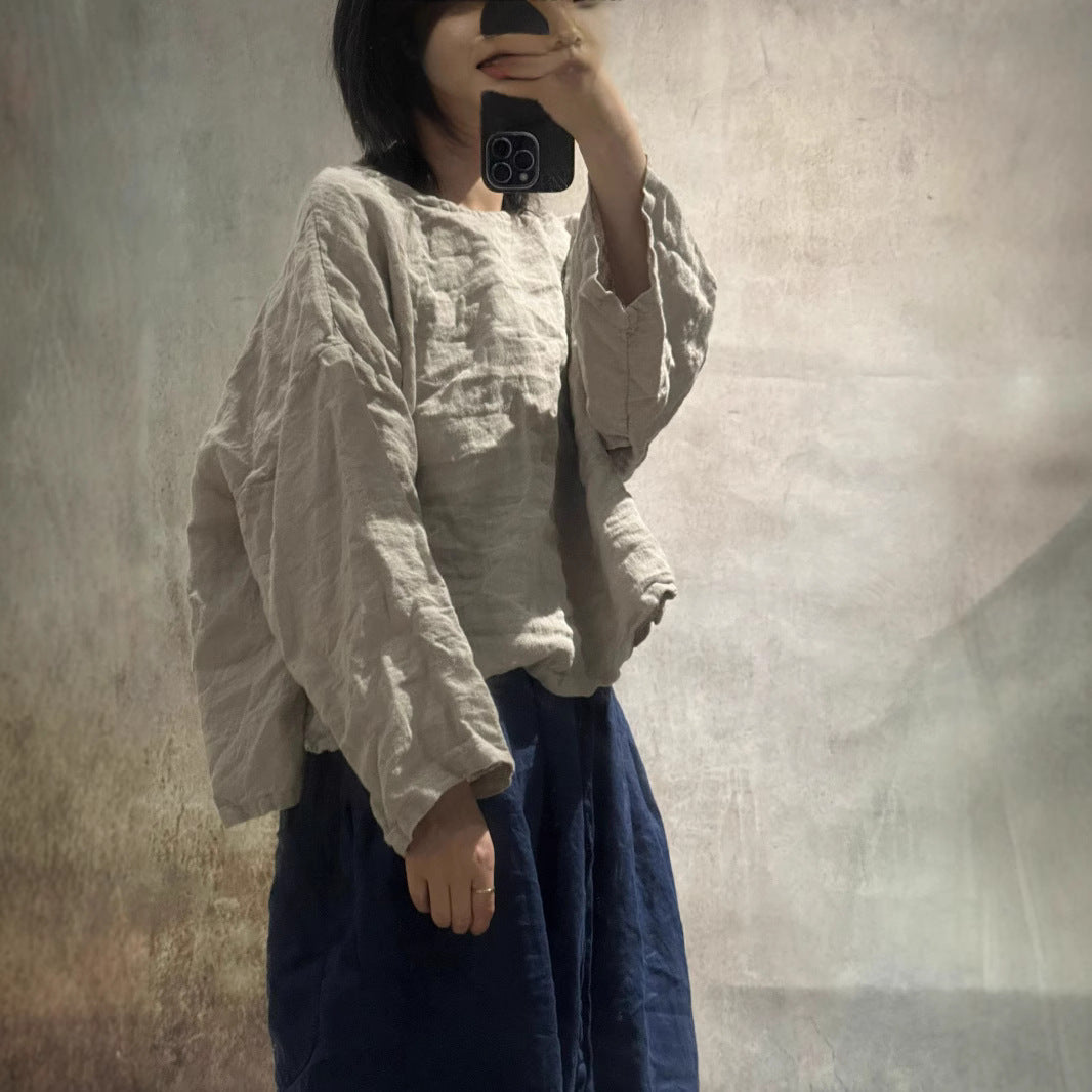 2025 25/04 Xiao Luo, yarn-dyed linen literary and retro lace-up jumper