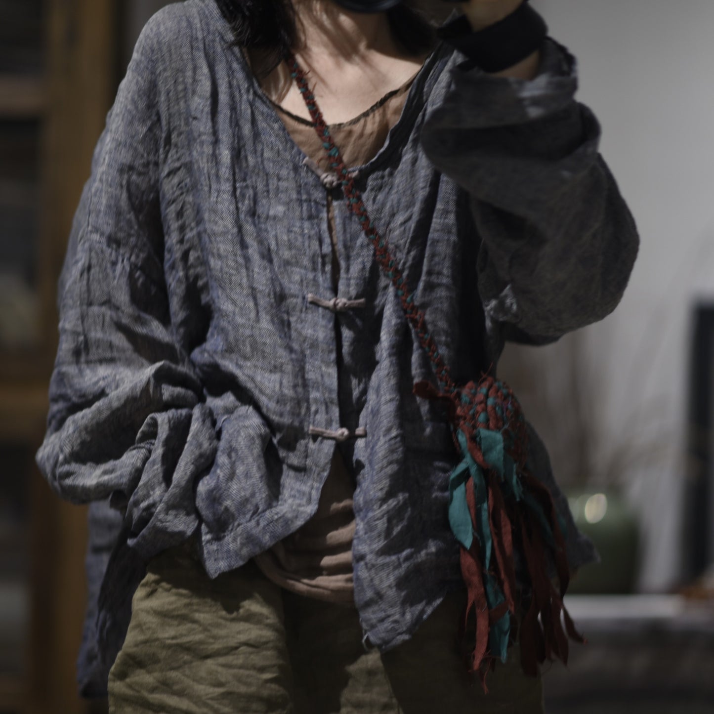 2025 24/5 SN61 retro solid color literary linen button-up long-sleeved cardigan