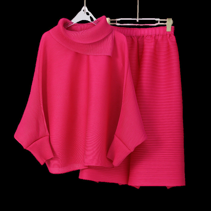 2025 suit spring and summer women's two-piece set slightly fat high-end women's bat-sleeved top loose seven-point casual pants tide