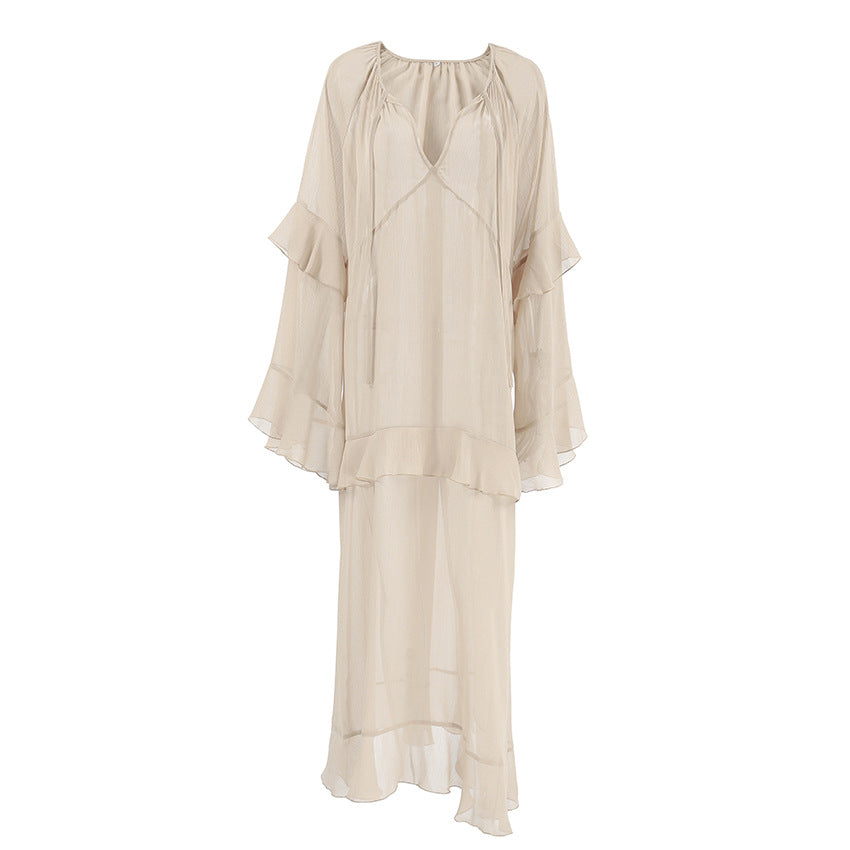 2025 Khaki autumn and winter new bat sleeve dress fashion New wholesale sunscreen blouse long dress women