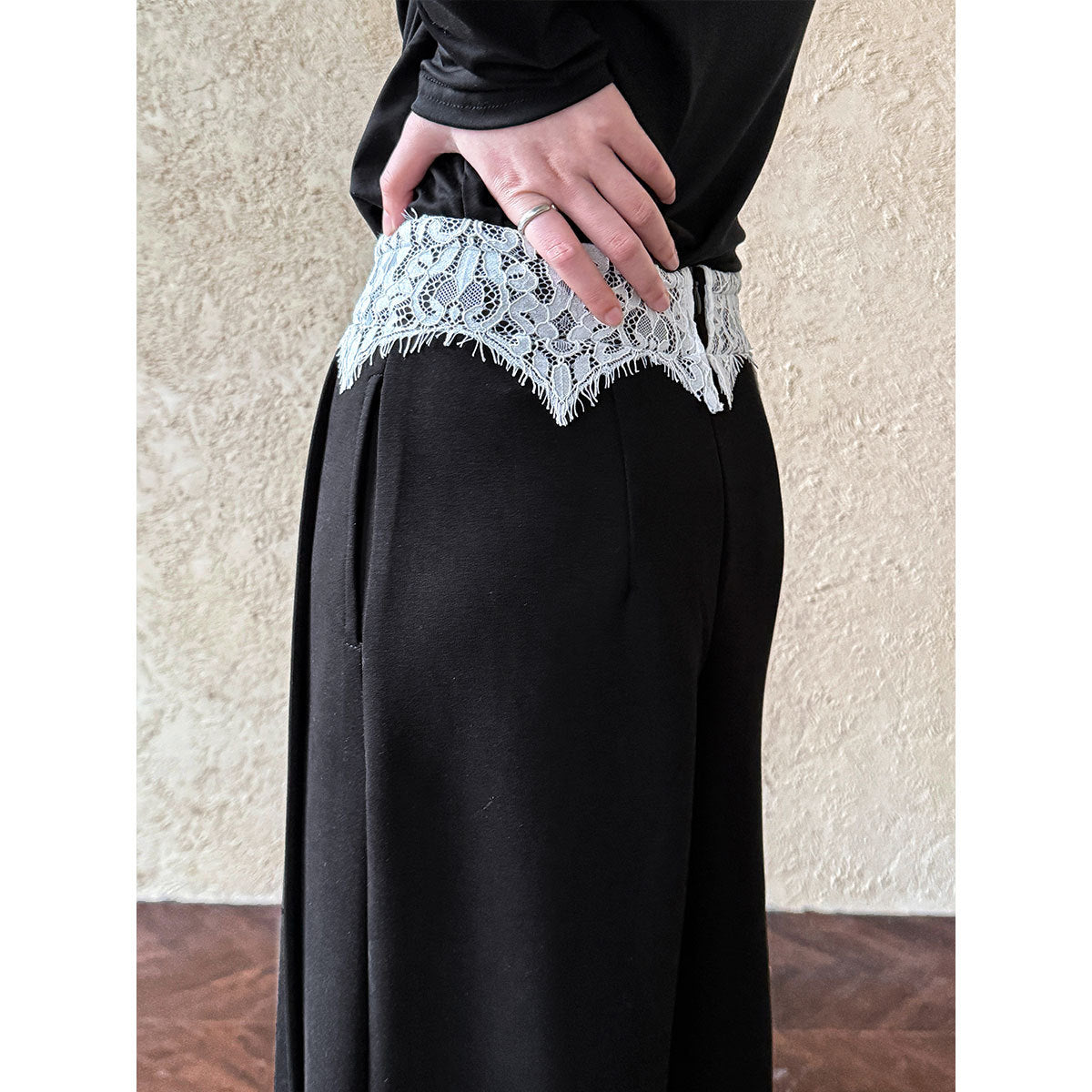 Luxi, Korean lace splicing casual wide-leg pants women's spring new high-waisted versatile soft waxy straight trousers 2890