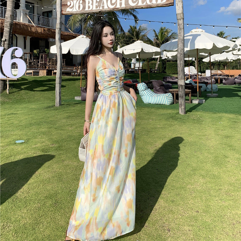 2025 Pure desire sexy backless floral suspender dress women's summer niche pleated straps seaside vacation beach dress