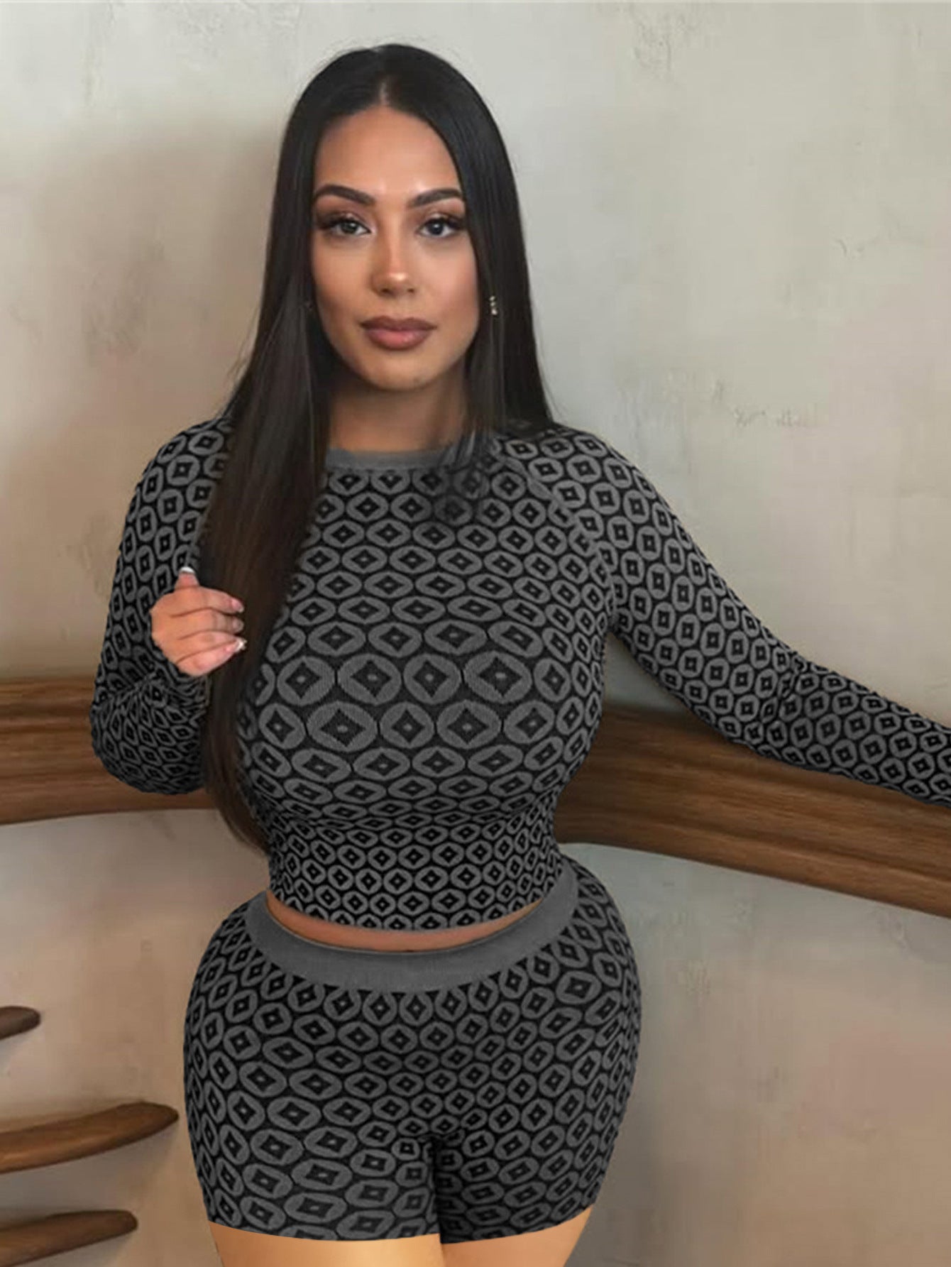 new New Popular trade fashion printing slim-fitting sexy elastic long-sleeved crew neck top trousers suit women's clothing