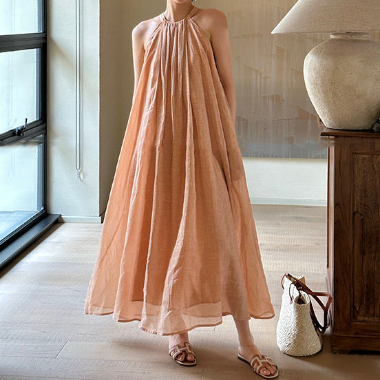 2025 spring and summer new neck pleated fried color pure ramie cotton and linen loose holiday dress