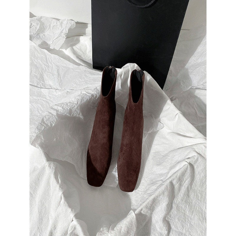 2025 Brown short boots women's high heels autumn and winter new suede rear zipper small ankle boots thick heel elastic square head thin boots