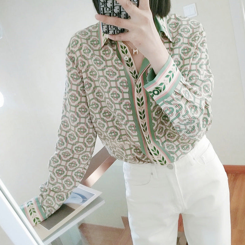 2025 Dark green gold buckle chain printing heavy silk shirt women's long-sleeved mulberry silk shirt summer new women's clothing