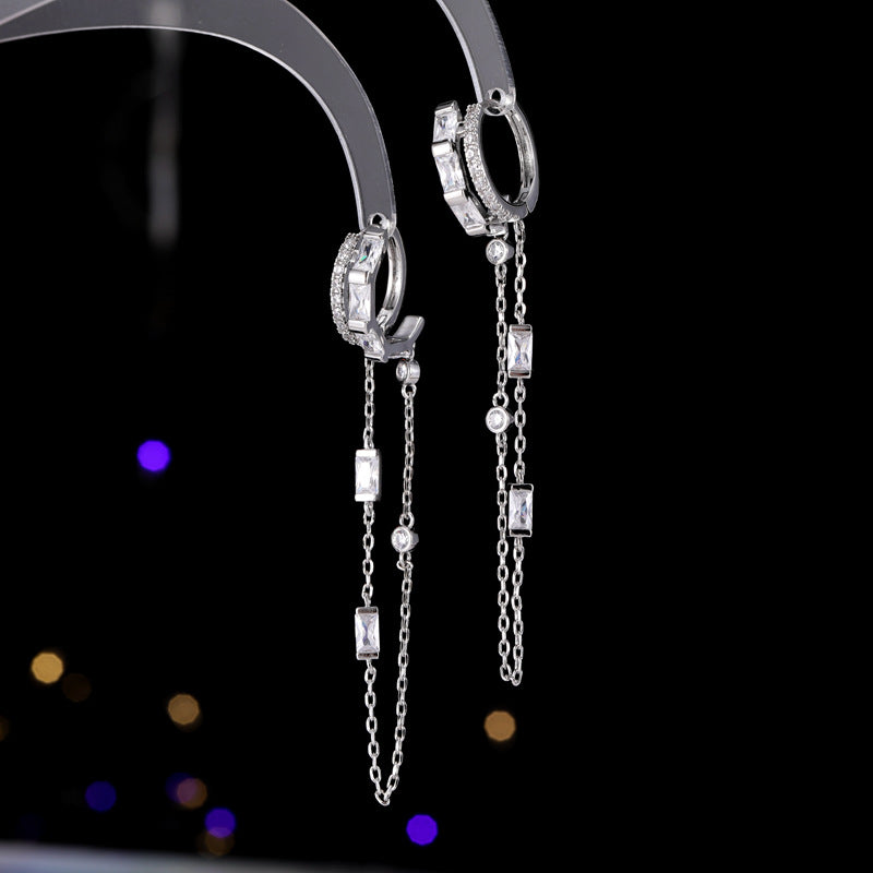 2025 Niche design sense retro earrings square zircon long temperament ear buckle tide unique gold chain fringed earrings