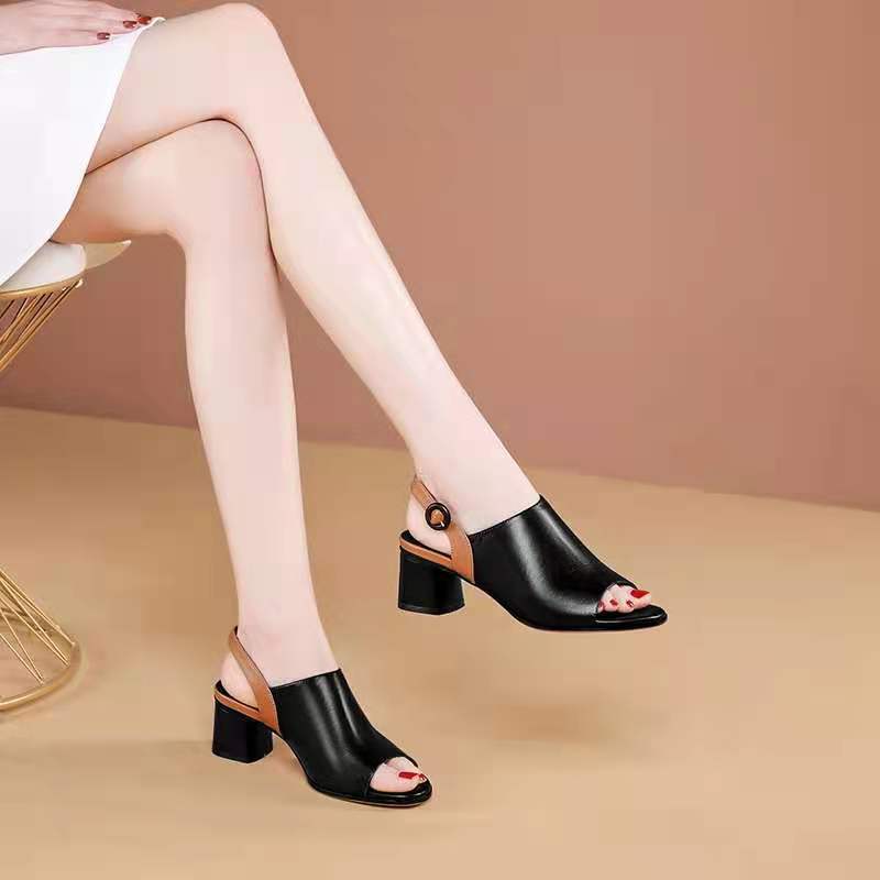 xiangtuibao Women's Sandals Summer New Leather High Heel in Stock Real Soft Leather Chunky Heel plus Size European and American Peep Toe Fashion Sandals