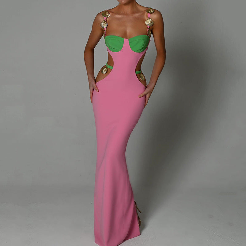 2025 's new contrasting color splicing suspender backless A-word skirt, a hot-selling sexy waist split dress for women in autumn