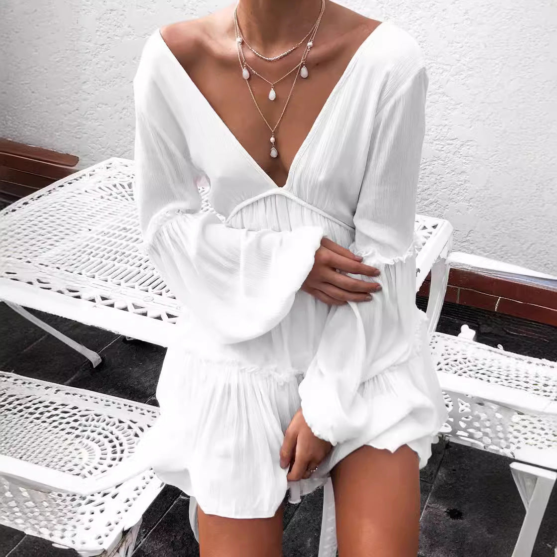 2025 Spring and Summer Sexy European and American Women's Front and Rear Deep V-neck Long Sleeve Lantern Sleeve Solid Color Dress