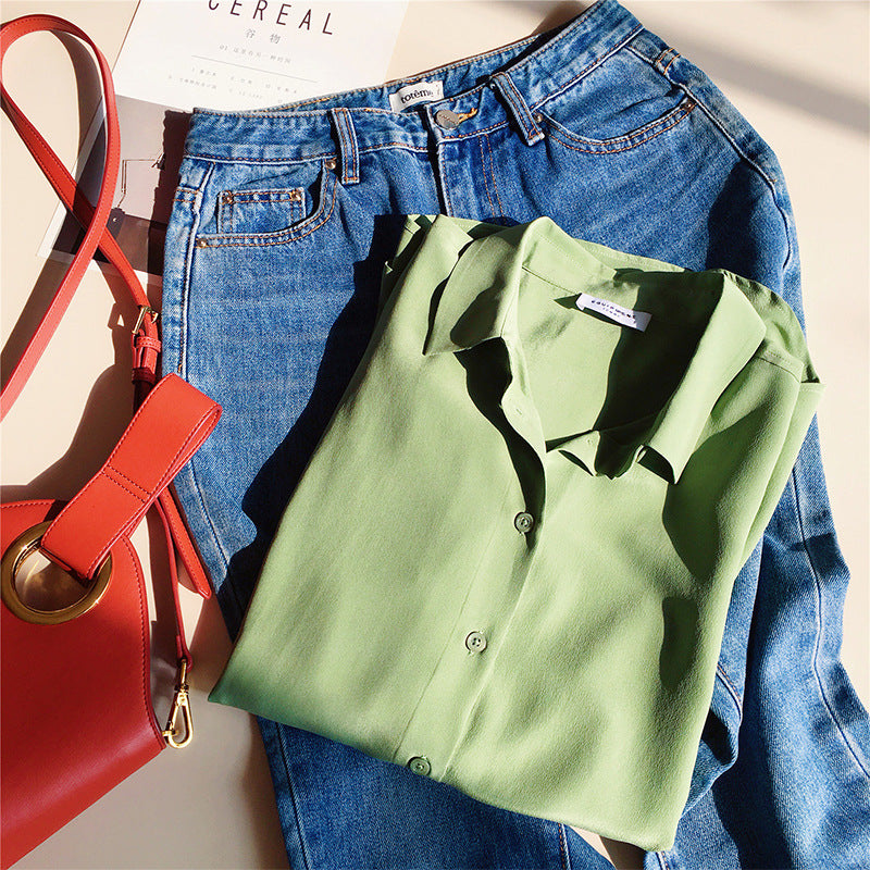 2025 Heavy mulberry silk avocado solid color shirt summer new sand washed silk shirt temperament long sleeve women's clothing