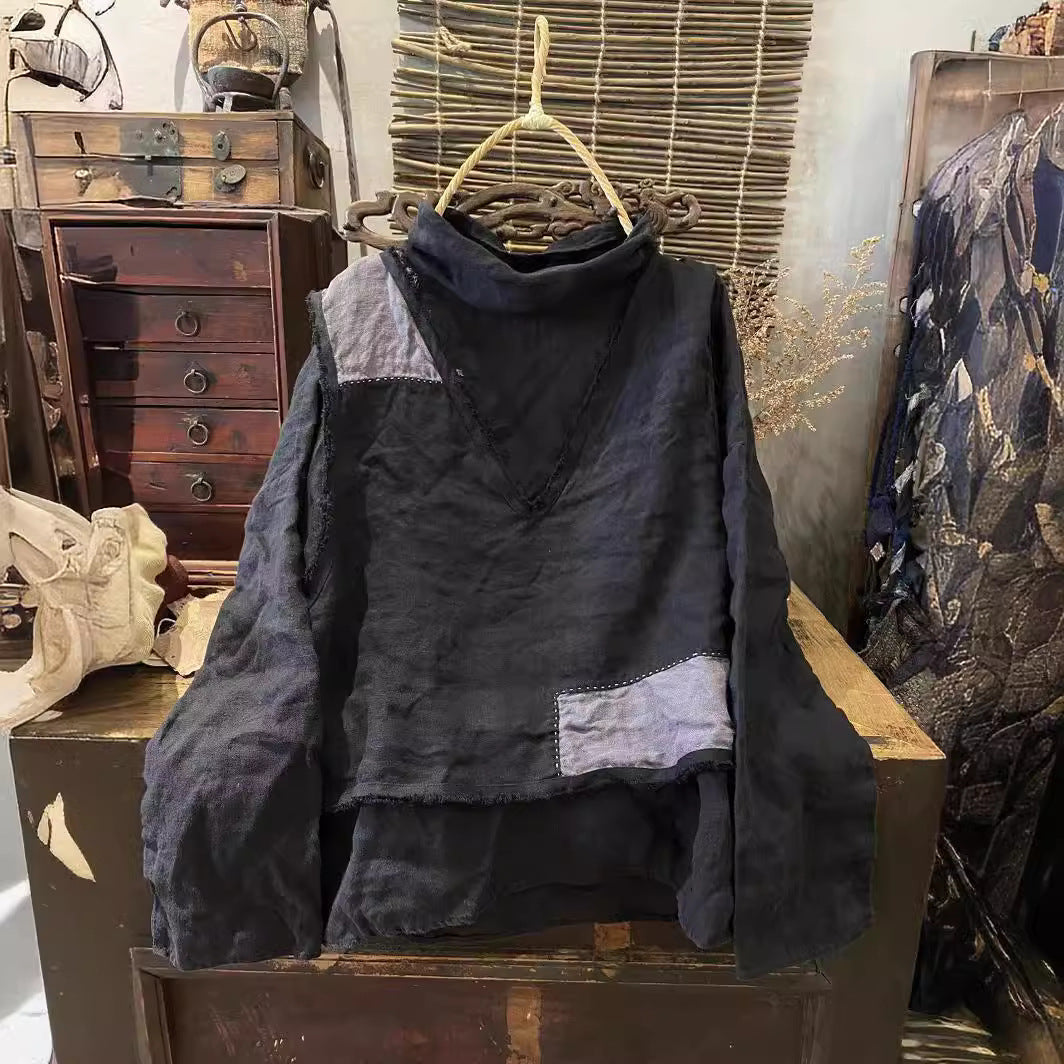2025 22/8 Early Autumn Literary Retro Linen Loose Shoulder Bottom Turtleneck