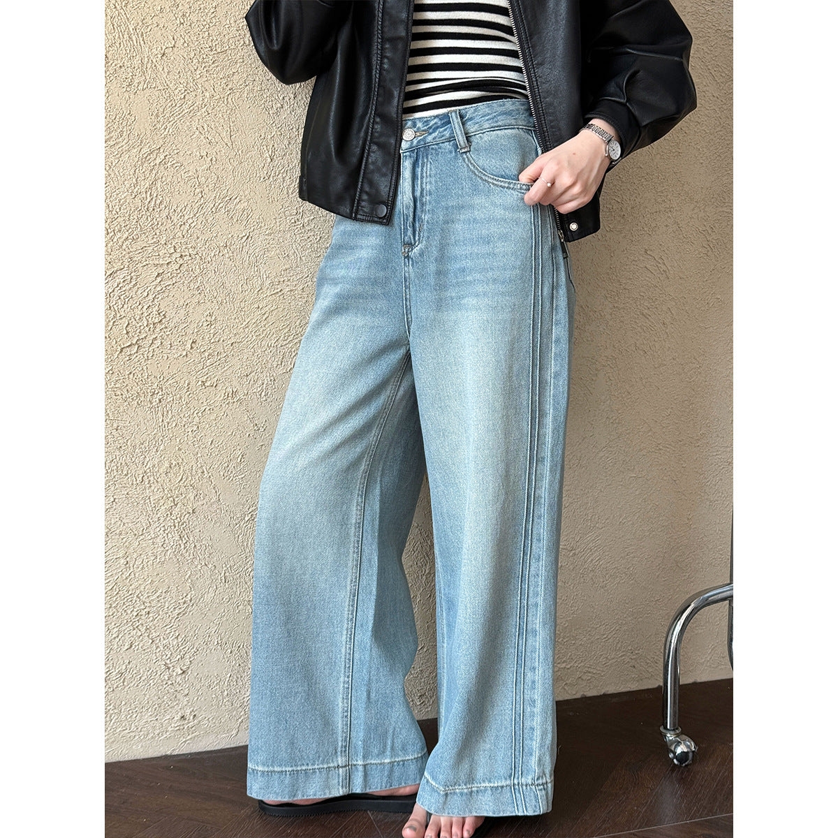 Luxi, Korean denim high-waisted and thin wide-leg pants women's spring new casual versatile classic straight-leg pants 68265