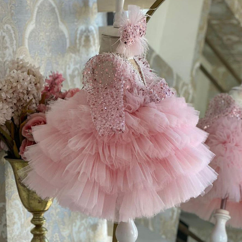 Xiangtuibao Princess Dress Girls' Western Style Dress V-neck Long Sleeve Little Girl Dress Children's Piano Playing Catwalk Performance Costumes