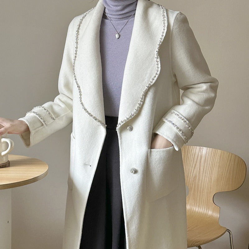 2025 Temperament design small fragrant wind bead trim decoration medium and long double-sided wool coat autumn and winter lace-up woolen
