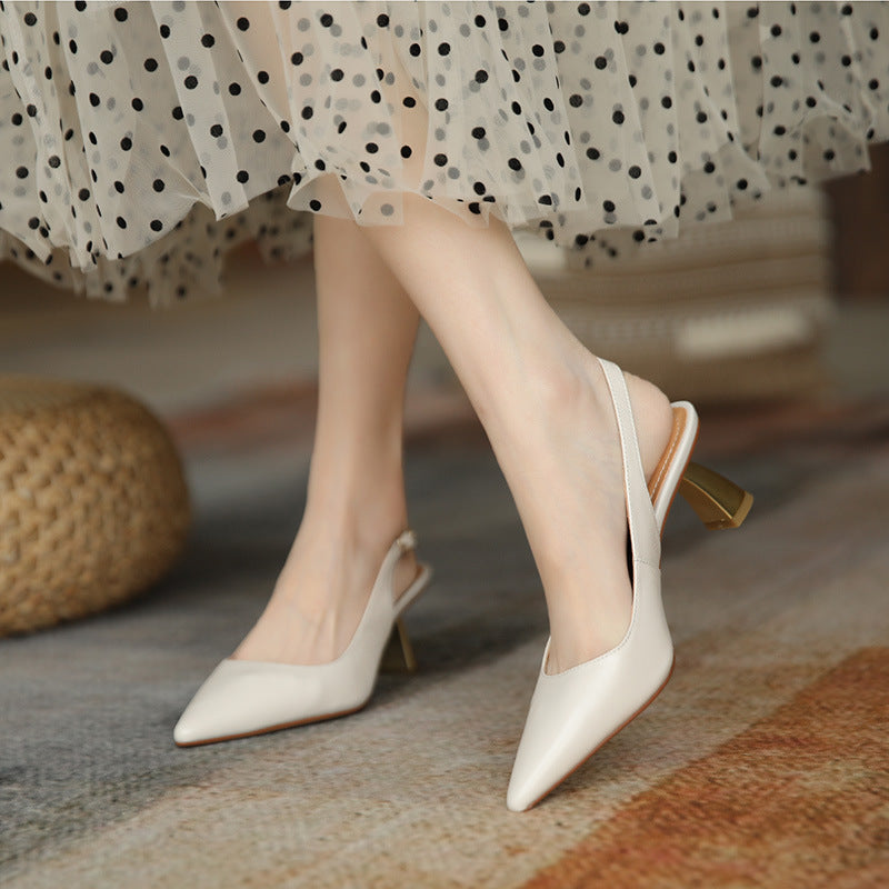 xiangtuibao Women's High-Heeled Shoes Spring/Summer New Style Retro Chunky Heel Shoes Pointed Toe Low-Cut Ankle-Strap Buckle Closed Toe Sandals