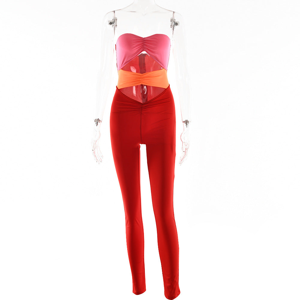 2025 popular tight sexy contrasting color hollow jumpsuit autumn hot-selling fashion tube top backless leggings women