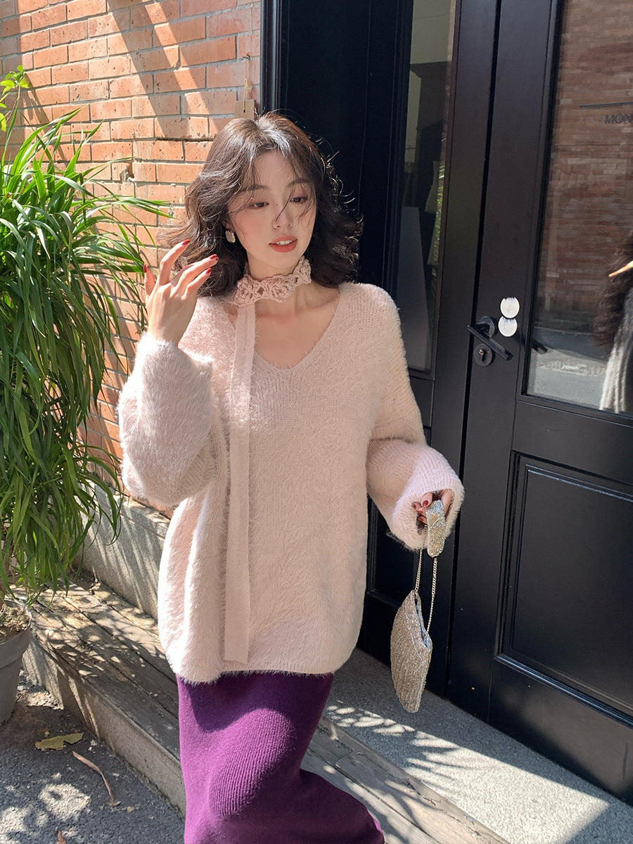 2025 Thirteen Lines popular Autumn and Winter New V-Neck Neck Thickened Imitation Mink Knitted Sweater Women's Sweater Women's 25164