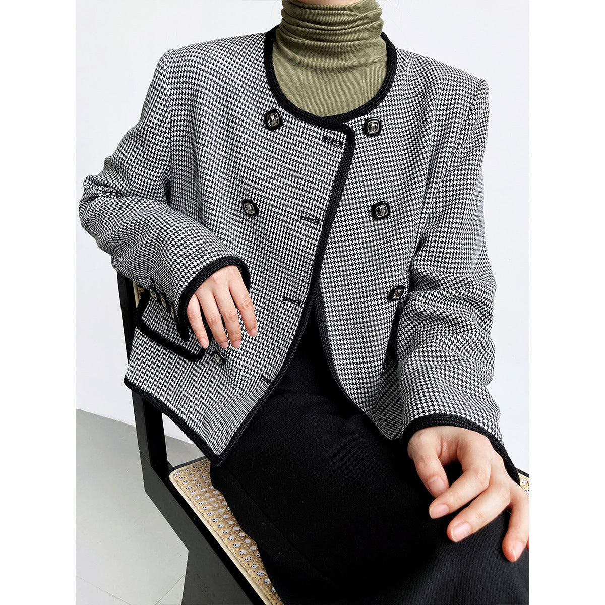 Luxi autumn new high-end celebrity double-breasted thousand bird grid short small fragrant coat female 3789