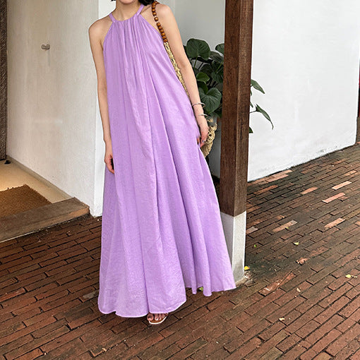 2025 spring and summer new neck pleated fried color pure ramie cotton and linen loose holiday dress