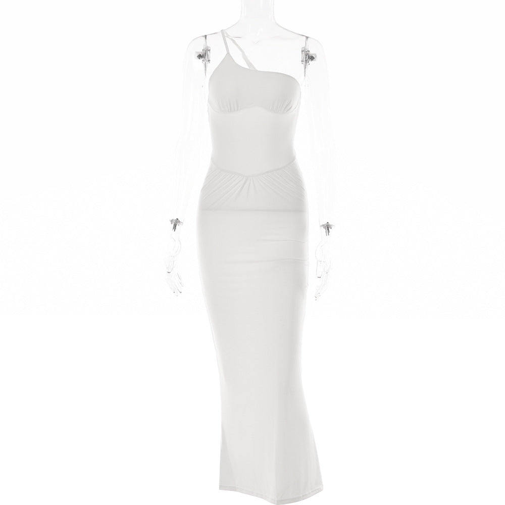 2025 Cross-border new fashion and sexy backless suspender dress solid color waist pleated split dress summer women