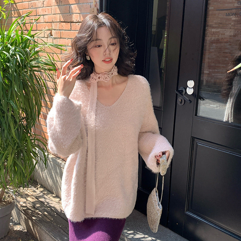 2025 Thirteen Lines popular Autumn and Winter New V-Neck Neck Thickened Imitation Mink Knitted Sweater Women's Sweater Women's 25164