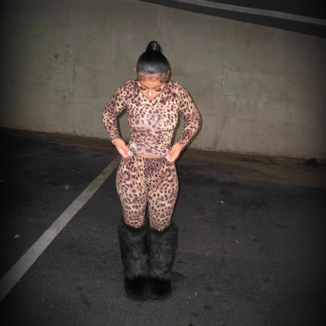 Autumn and winter new New leopard print wild slim sexy elastic fashion long-sleeved short top trousers set