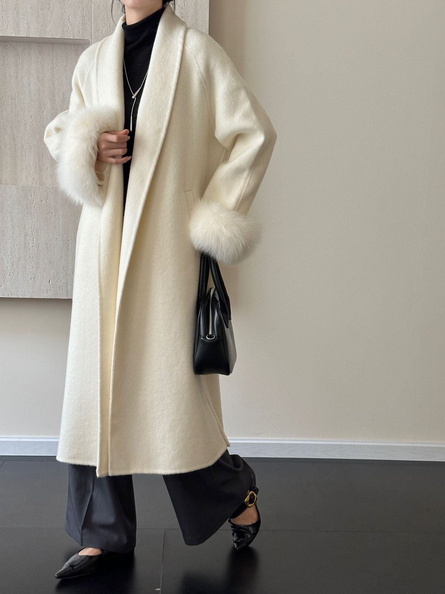 2025 Solid color lapel fox hair cuffs loose lace-up bathrobe double-sided wool coat woolen jacket women's warm autumn and winter