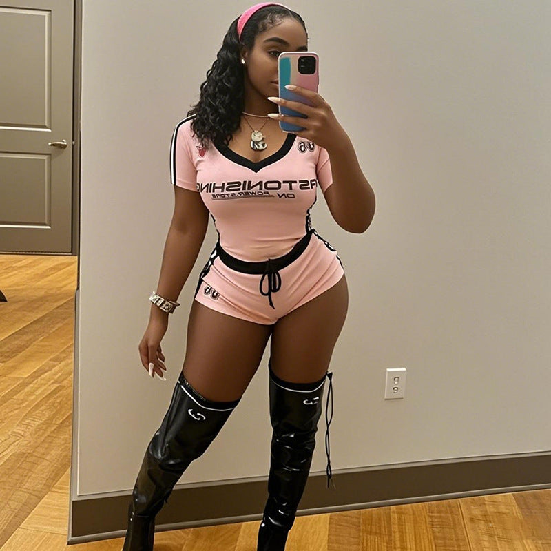 spring new New slim-fit sexy Spice Girls printed short-sleeved V-neck top lace-up shorts set