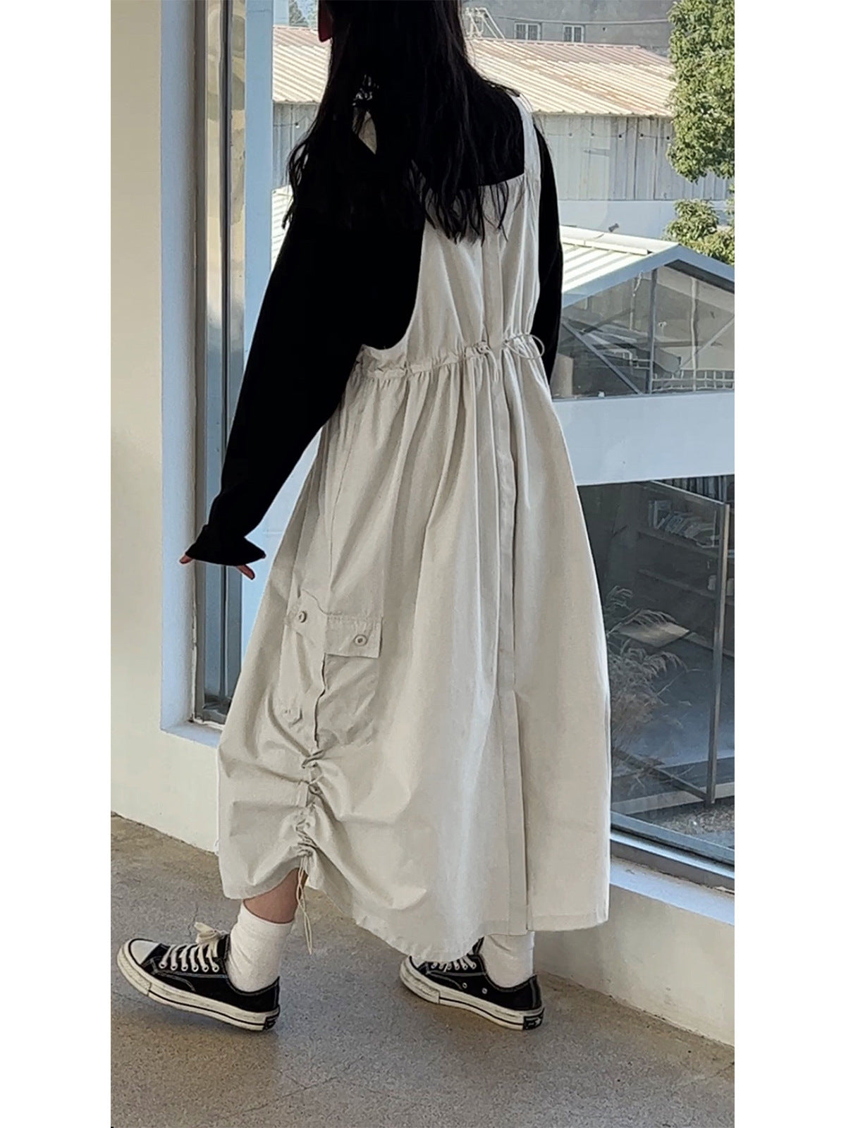 Luxi niche design street style tooling strap skirt women's spring 25 new casual loose high waist long dress 8717