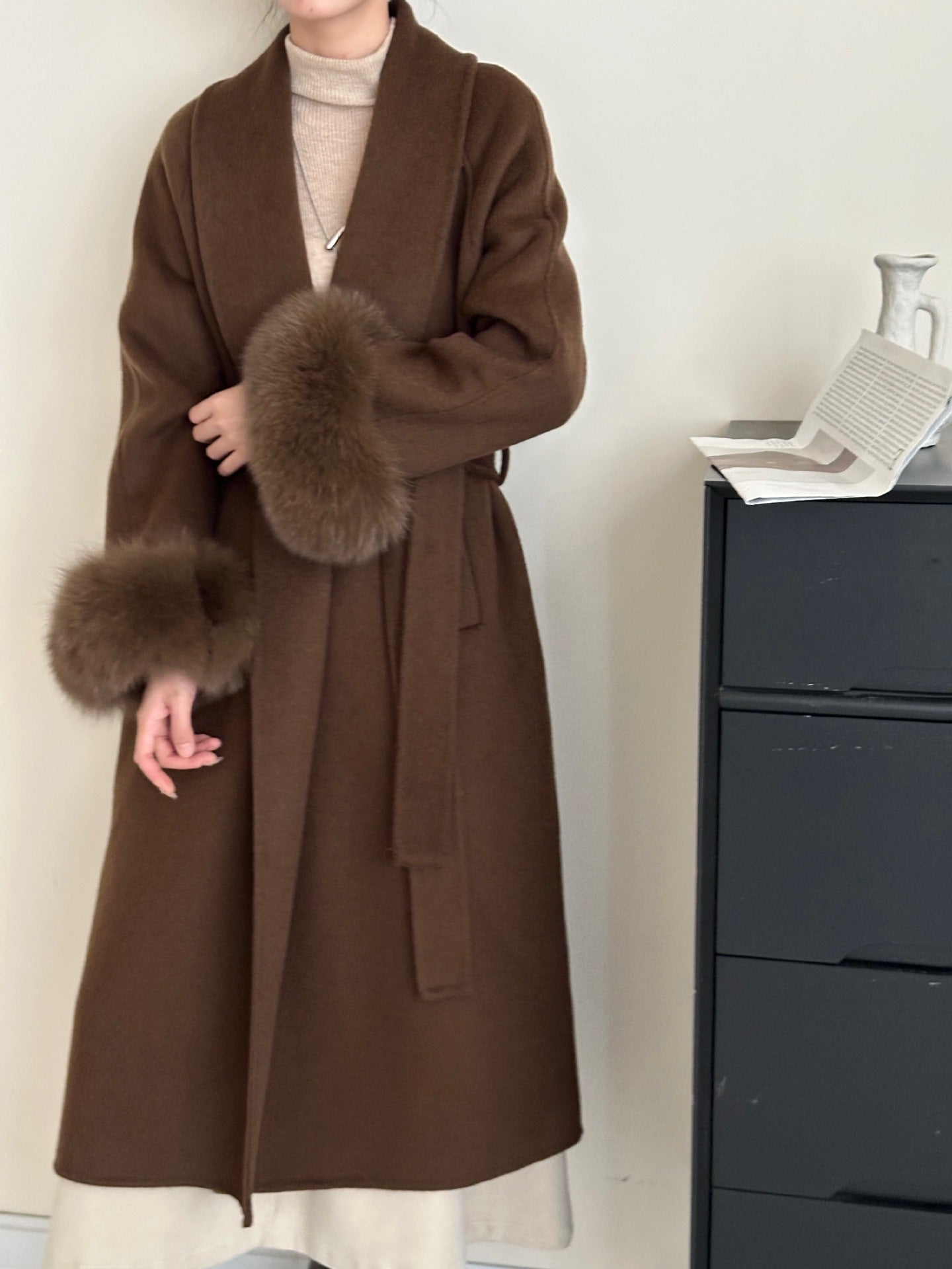 2025 Solid color lapel fox hair cuffs loose lace-up bathrobe double-sided wool coat woolen jacket women's warm autumn and winter