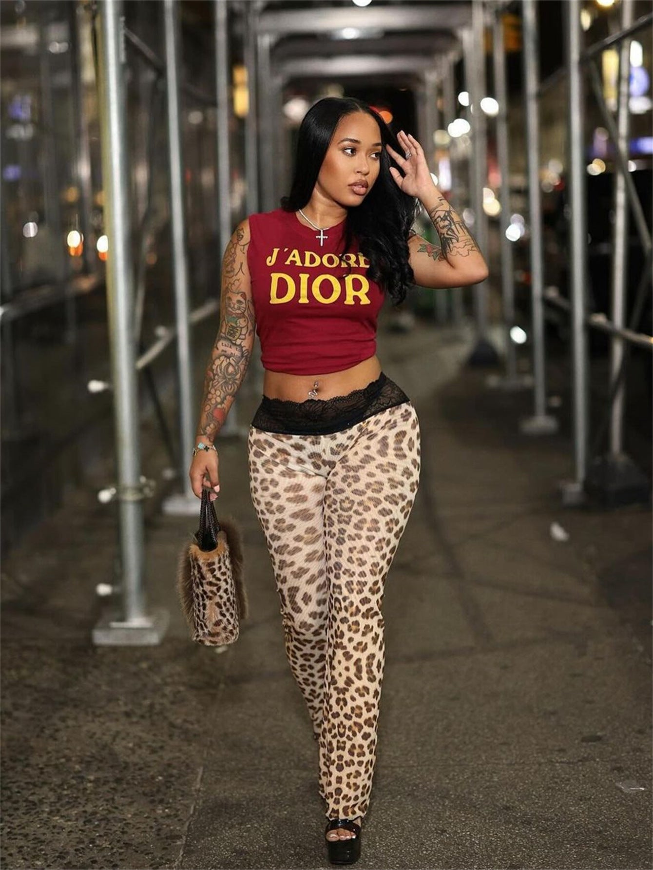 popular autumn new New fashion versatile high sense leopard print slim Spice girl lace mid-waist trousers women