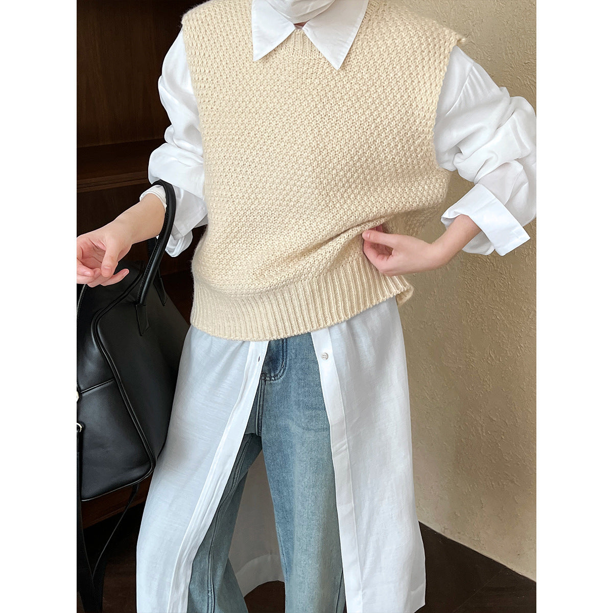 Luxi, retro solid color soft waxy knitted vest women's popular autumn and winter round neck versatile stacked knitted vest ss698