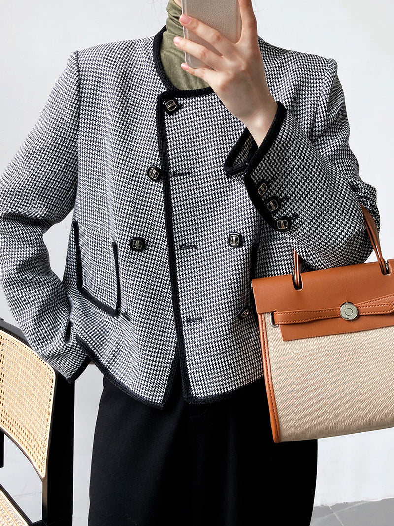 Luxi autumn new high-end celebrity double-breasted thousand bird grid short small fragrant coat female 3789