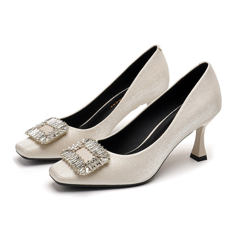 2025 3788-8 Square head thin heel rhinestone square buckle shoes women's Korean version light mouth satin shoes solid color commuter high heels women's autumn