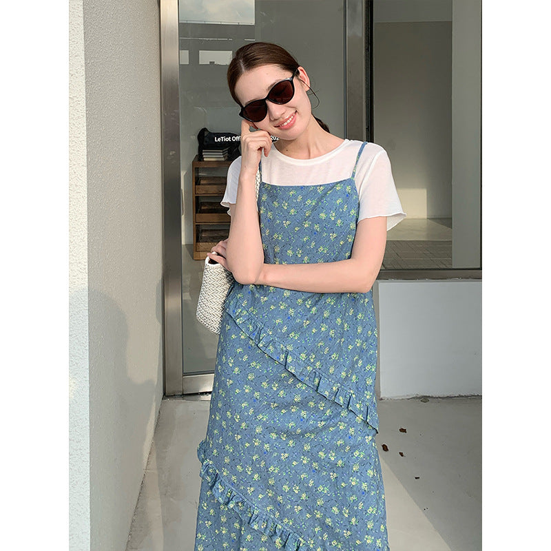 2025 THE MIND floral suspender skirt 2025 thirteen lines summer new design long dress 025AX