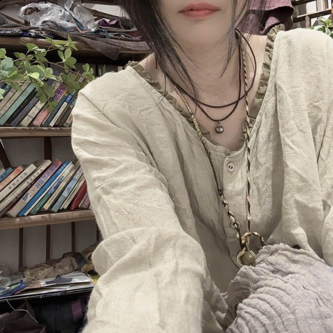 2025 24/4 SN41 literary and retro long-sleeved linen cotton smoked color craft fried old contrasting color lace neck cardigan shirt