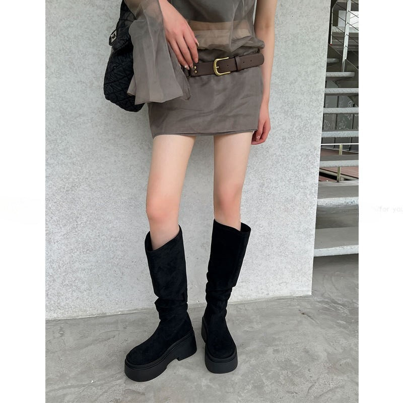 2025 Skinny wasteland wind big tube circumference black thick-soled knee boots women's popular new waterproof table high tube stacking boots