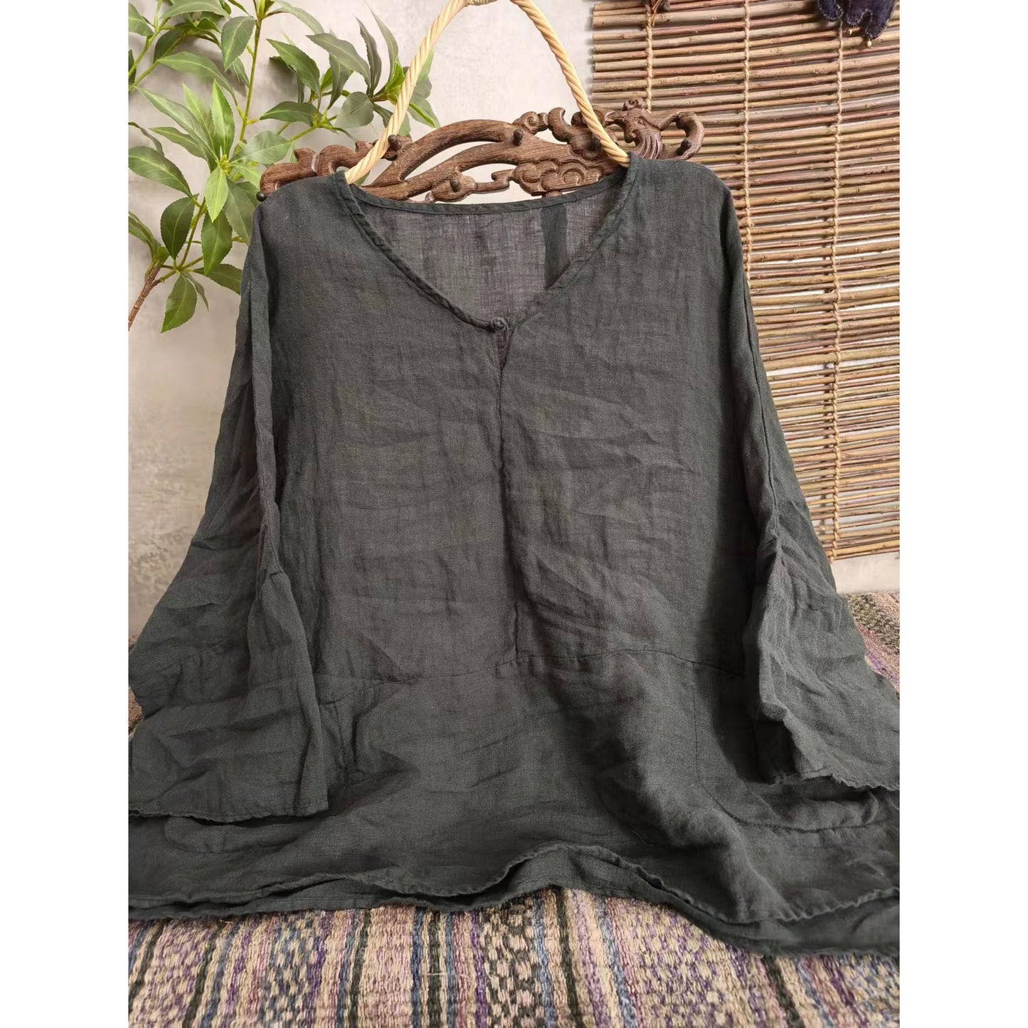 2025 23/4 In the same year, spring and summer literary and retro linen loose seven-quarter-sleeved shoulder pullover