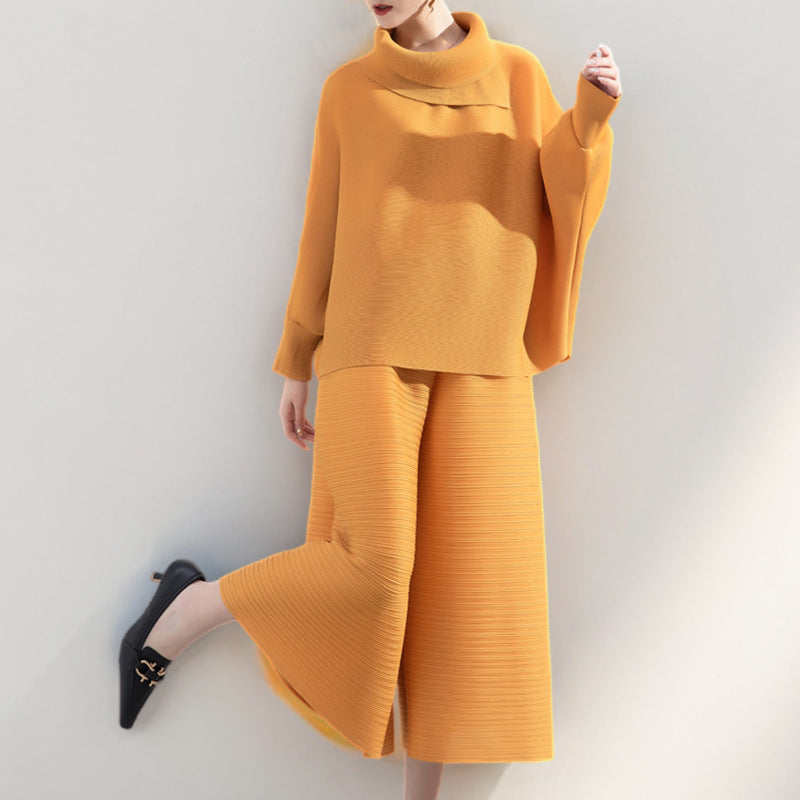 2025 suit spring and summer women's two-piece set slightly fat high-end women's bat-sleeved top loose seven-point casual pants tide