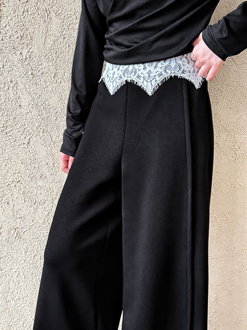 Luxi, Korean lace splicing casual wide-leg pants women's spring new high-waisted versatile soft waxy straight trousers 2890
