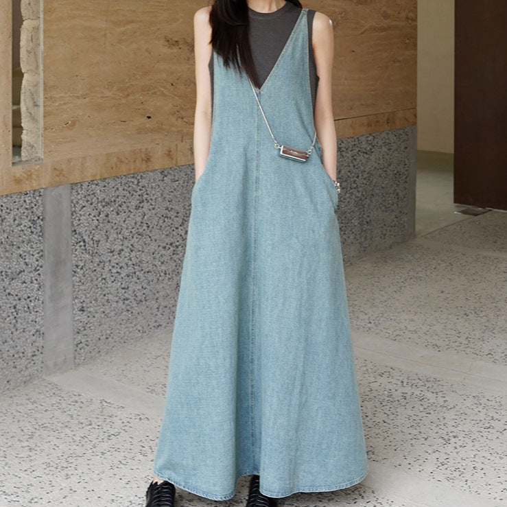 2025 summer new vacation V-neck sexy denim suspender dress adjustable skirt length backless white A-shaped skirt women