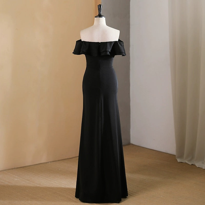 2025 One-word shoulder black piano evening dress new high-end high-end light luxury niche temperament banquet adult ceremony