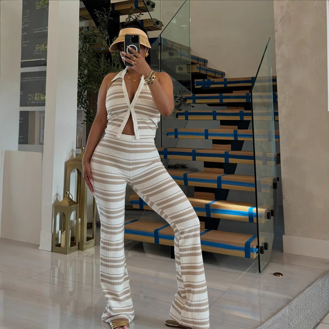 In the summer of , New new women's clothing casual shirt collar sleeveless top waist-wrapped hip trousers set